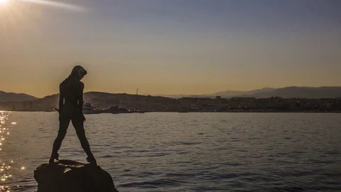 Cannes: Bay with Statue during Sunset Stock Footage 71437590