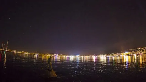 Cannes: Bay with Statue at Night Stock Footage 70638827