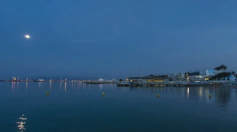 Cannes: Beach Moonset into Sunrise Stock Footage 51699481