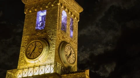 Cannes: Clocktower at Night Stock Footage 51686499