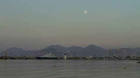 Cannes: Harbor with Moonset Stock Footage 51709594