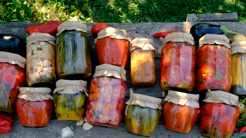 Canning and vegetables in the garden. Selective focus. Stock Footage 294780211