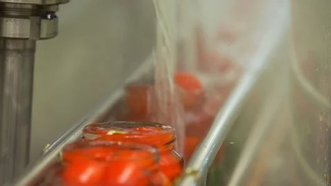 Canning factory . The Line for Processing Tomatoes. Tomatoes in a Saucepan are Stock Footage 95143892