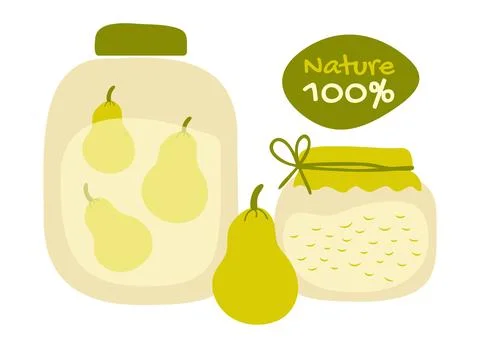 Canning pears - compote and jam in glass jars. Fruit harvest. Ingredient for Stock Illustration