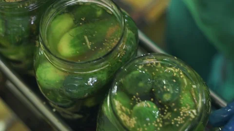 Canning plant. Automatic line for processing vegetables. Canned cucumbers. Glass Stock Footage 129264717