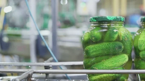 Canning plant. Automatic line for processing vegetables. Canned cucumbers. Glass Stock Footage 129264775