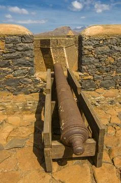 Cannon and loop hole Ciudad Velha Cidade Velha Santiago Cabo Verde Africa Stock Photos
