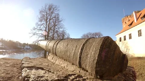 Cannon on a castle background, sunny day Stock Footage 47014531