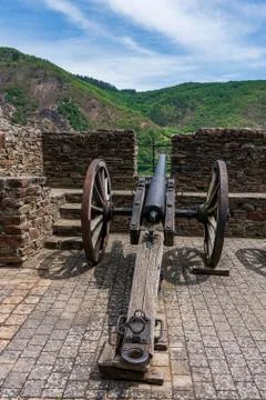 A cannon on the castle Reichenstein Stock Photos