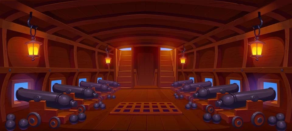 Cannon deck interior on nautical pirate ship Ilustración de archivo
