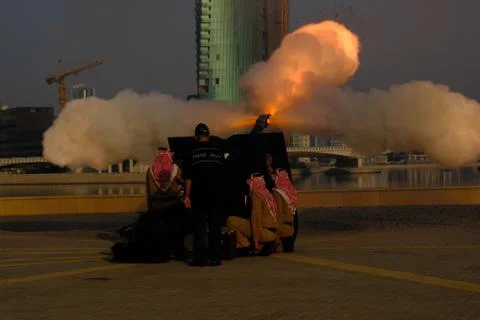 Cannon fire in Bahrain on Eid al Fitr morning Stock Photos