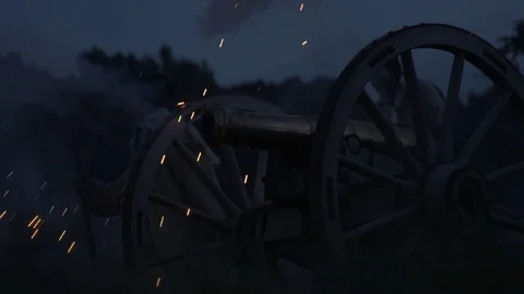 Cannon Fires with flame at night in battle. Stock-Footage 80266963
