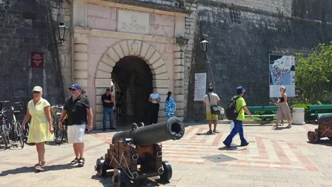 Cannon in front of Sea Gate in Kotor Old Town Stock Footage 344088399