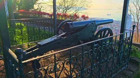 A cannon sits on a rock in the grass Stock Footage 273000636