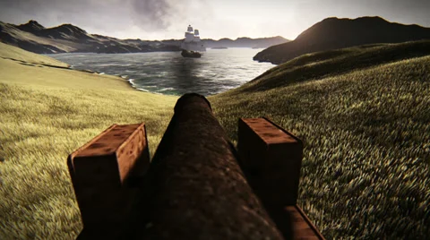 Cannon targeting a caravel Stock Footage 35535910