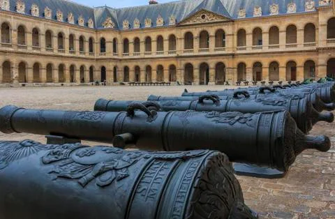 Cannons at Les Invalides museum complex in Paris, France burial site for Fran Stock Photos
