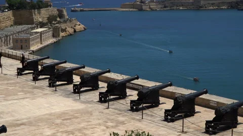 Cannons at Upper Barakka Gardens facing the Grand Harbour, Valletta Malta Stock Footage 246223955
