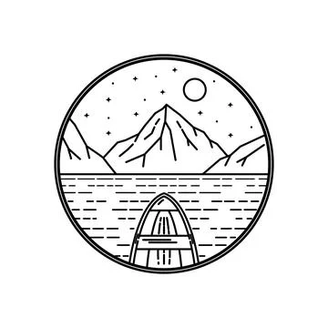 Canoe and lake with mountain background in mono line art, emblem, T-shirt art Stock Illustration