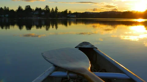 Canoe Beautiful Lake, Nature Adventure, Dusk Sunset Scenic Sky Water Stock Footage