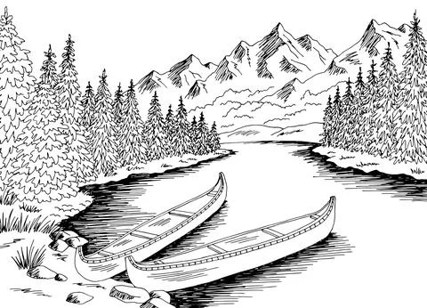 Canoe boat graphic river black white landscape sketch illustration vector Stock Illustration