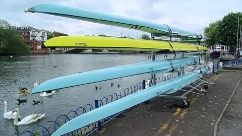 Canoe boats at the river Video stock 89897496