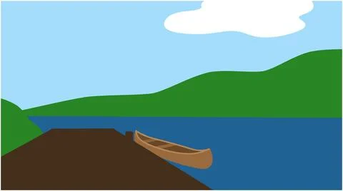 Canoe resting on a lake shore in a mountainous landscape with landscape Stock Illustration