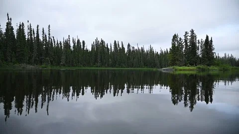 Canoe rotates slowly on a calm river revealing a boreal forest.  Stock Footage 117243711
