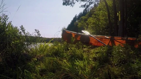 Canoe sits in the grass Stock Footage 81922400