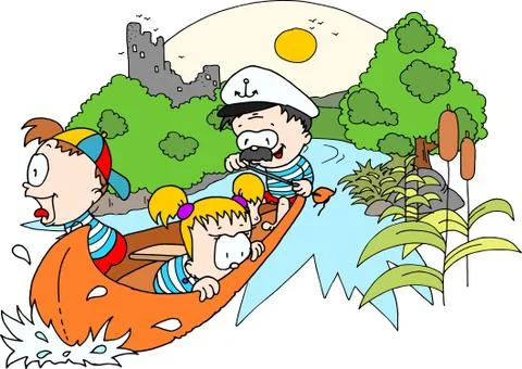 Canoe with two children and a captain - colour drawing Stock Illustration