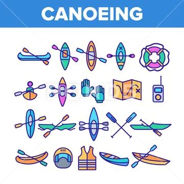 Canoeing, Active Rest Vector Color Line Icons Set Stock Illustration