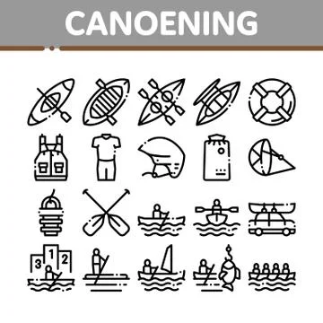 Canoeing Collection Elements Icons Set Vector Stock Illustration