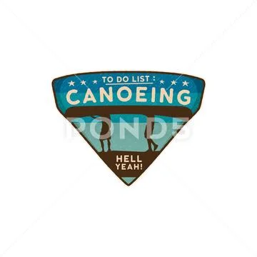 Canoeing Logo Emblem. Vintage hand drawn travel badge. Featuring two mens Stock Illustration