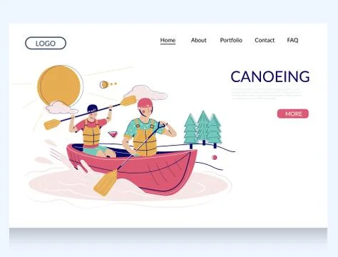 Canoeing vector website landing page design template Stock Illustration