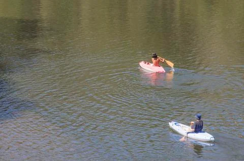 Canoeists in Amazonia River Stock Photos