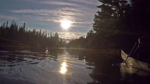 Canoers paddle canoes at sunset in algonquin park Stock Footage