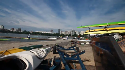 Canoes by lagoon Stock Footage 23812200