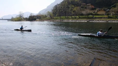 Canoes on the river Stock Footage 107831985