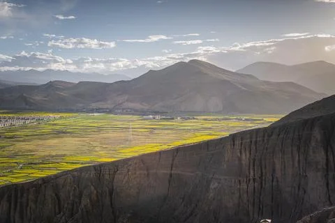 Canola blossoming fields and the sunset sky around Tibetan village in Sakya Stock Photos
