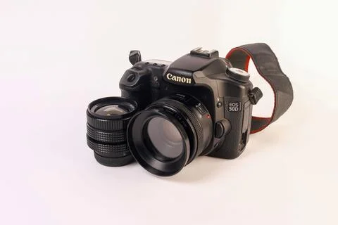 Canon EOS 50D DSLR camera body positioned angled front Stock Photos