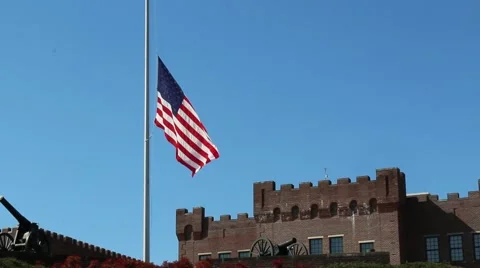 Canon in Foreground of US Flag at Half Mast Video stock 69222939