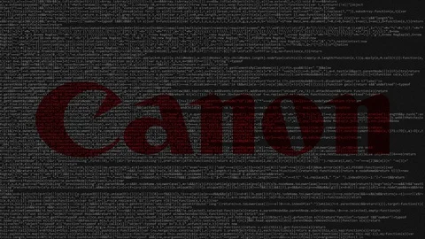 Canon Inc. logo made of source code on computer screen. Editorial loopable Stock Footage 92061458
