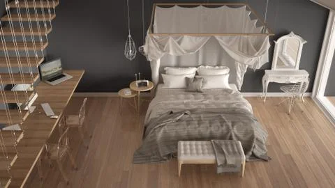 Canopy bed in minimalistic white and gray bedroom with big window, scandinavi Illustrazione stock