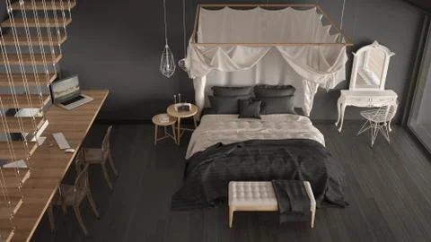 Canopy bed in minimalistic white and gray bedroom with big window, scandinavi Stockillustratie