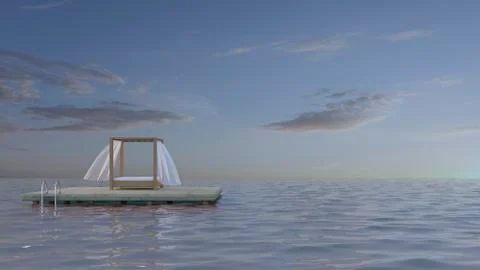 Canopy bed on platform in the sea, 3d rendering Illustrazione stock
