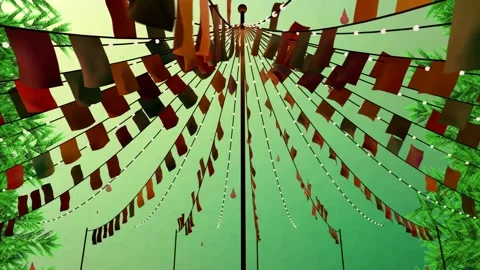 Canopy of fabric flags and strings swaying from light breeze, forming festive Video stock 340654550
