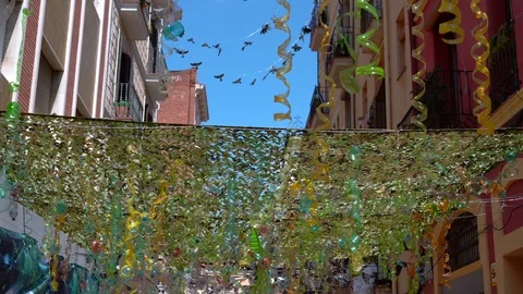 Canopy made of plastic bottles of different colors outdoors for shade Video stock 114447995