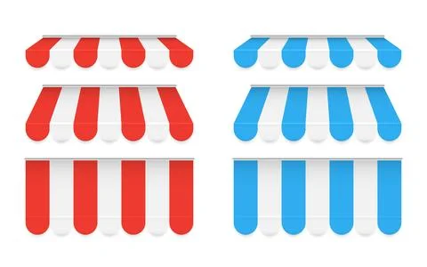 Canopy set. Realistic set of shop canopies in red and blue stripes for Stock Illustration