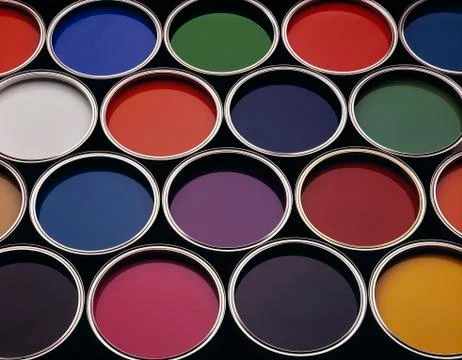 CANS OF COLOURED PAINT Foto stock