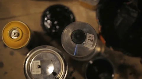Cans with Paint and Jars with Solvent and Brushes in the Artist's Studio. Video stock 82382426