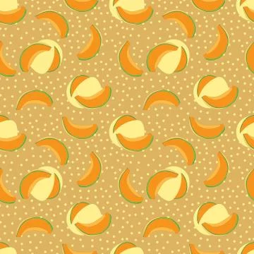 Cantaloupe melon slice seamless pattern on yellow background. fresh cantaloup Stock Illustration